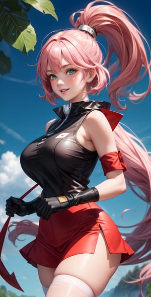 Female Character Sakura Hanuro from Realistic Naruto, Semi-Short Pink Hair, Stylized Uniform, (Masterpiece - 1.2), 1 Girl, (Highly Detailed Face), Smile, Long Brown Hair, (Highly Detailed Eyes), Bright Eyes, Green Eyes, dark skin, huge breasts, large thighs, perfect proportions, crimson red sleeveless blouse or shirt with the logo of the leaf village from the animated series Naruto, black gloves, short pink skirt half open at the sides, black stockings tight knee high, black open toe booties, wide hips, fitness woman, slender, legs apart, parted lips, blush, sky blue, footwear, (highest extreme resolution: 4k quality), ((high detailed background )),