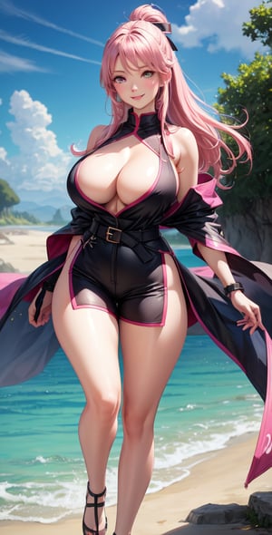 Realistic Naruto Sakura Female Character, Pink Hair, Stylized Uniform, (Masterpiece - 1.2), 1 Girl, (Highly Detailed Face), Smile, Long Brown Hair, (Highly Detailed Eyes), Glowing Eyes, Dark Skin, Huge Breasts, cut-out neckline, large thighs, perfect proportions, sleeveless purple dress slightly open at the hips, tight lead shorts, black belt over the dress, wide hips, legs apart, parted lips, blush, blue sky, shoes, (resolution highest extreme: 4k quality), ((high detailed background)),