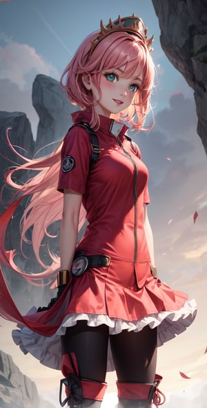 Female Character Sakura Hanuro from Realistic Naruto, Semi-Short Pink Hair, Stylized Uniform, (Masterpiece - 1.2), 1 Girl, (Highly Detailed Face), Smile, Long Brown Hair, (Highly Detailed Eyes), Bright Eyes, Green Eyes, dark skin, huge breasts, large thighs, perfect proportions, crimson red sleeveless blouse or shirt with the logo of the leaf village from the animated series Naruto, black gloves, short pink skirt half open at the sides, black stockings tight knee high, black open toe booties, wide hips, fitness woman, slender, legs apart, parted lips, blush, sky blue, footwear, (highest extreme resolution: 4k quality), ((high detailed background )),