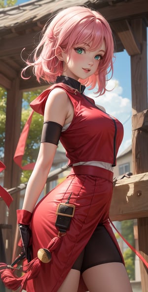 Female Character Sakura Hanuro from Realistic Naruto, Semi-Short Pink Hair, Stylized Uniform, (Masterpiece - 1.2), 1 Girl, (Highly Detailed Face), Smile, Long Brown Hair, (Highly Detailed Eyes), Bright Eyes, Green Eyes, dark skin, huge breasts, large thighs, perfect proportions, crimson red sleeveless blouse or shirt with the logo of the leaf village from the animated series Naruto, black gloves, short pink skirt half open at the sides, black stockings tight knee high, black open toe booties, wide hips, fitness woman, slender, legs apart, parted lips, blush, sky blue, footwear, (highest extreme resolution: 4k quality), ((high detailed background )),