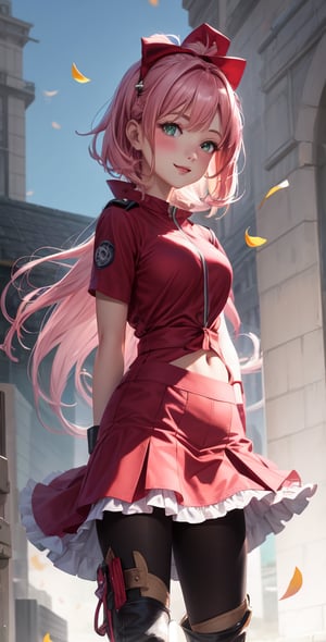 Female Character Sakura Hanuro from Realistic Naruto, Semi-Short Pink Hair, Stylized Uniform, (Masterpiece - 1.2), 1 Girl, (Highly Detailed Face), Smile, Long Brown Hair, (Highly Detailed Eyes), Bright Eyes, Green Eyes, dark skin, huge breasts, large thighs, perfect proportions, crimson red sleeveless blouse or shirt with the logo of the leaf village from the animated series Naruto, black gloves, short pink skirt half open at the sides, black stockings tight knee high, black open toe booties, wide hips, fitness woman, slender, legs apart, parted lips, blush, sky blue, footwear, (highest extreme resolution: 4k quality), ((high detailed background )),