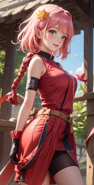 Female Character Sakura Hanuro from Realistic Naruto, Semi-Short Pink Hair, Stylized Uniform, (Masterpiece - 1.2), 1 Girl, (Highly Detailed Face), Smile, Long Brown Hair, (Highly Detailed Eyes), Bright Eyes, Green Eyes, dark skin, huge breasts, large thighs, perfect proportions, crimson red sleeveless blouse or shirt with the logo of the leaf village from the animated series Naruto, black gloves, short pink skirt half open at the sides, black stockings tight knee high, black open toe booties, wide hips, fitness woman, slender, legs apart, parted lips, blush, sky blue, footwear, (highest extreme resolution: 4k quality), ((high detailed background )),