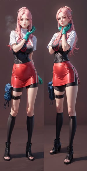 Female Character Sakura Hanuro from Realistic Naruto, Semi-Short Pink Hair, Stylized Uniform, (Masterpiece - 1.2), 1 Girl, (Highly Detailed Face), Smile, Long Brown Hair, (Highly Detailed Eyes), Bright Eyes, Green Eyes, dark skin, huge breasts, large thighs, perfect proportions, crimson red sleeveless blouse or shirt with the logo of the leaf village from the animated series Naruto, black gloves, short pink skirt half open at the sides, black stockings tight knee high, black open toe booties, wide hips, fitness woman, slender, legs apart, parted lips, blush, sky blue, footwear, (highest extreme resolution: 4k quality), ((high detailed background )),