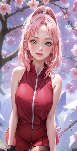 Female Character Sakura Hanuro from Realistic Naruto, Semi-Short Pink Hair, Stylized Uniform, (Masterpiece - 1.2), 1 Girl, (Highly Detailed Face), Smile, Long Brown Hair, (Highly Detailed Eyes), Bright Eyes, Green Eyes, dark skin, huge breasts, large thighs, perfect proportions, crimson red sleeveless blouse or shirt with the logo of the leaf village from the animated series Naruto, black gloves, short pink skirt half open at the sides, black stockings tight knee high, black open toe booties, wide hips, fitness woman, slender, legs apart, parted lips, blush, sky blue, footwear, (highest extreme resolution: 4k quality), ((high detailed background )),