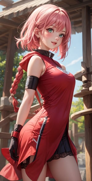 Female Character Sakura Hanuro from Realistic Naruto, Semi-Short Pink Hair, Stylized Uniform, (Masterpiece - 1.2), 1 Girl, (Highly Detailed Face), Smile, Long Brown Hair, (Highly Detailed Eyes), Bright Eyes, Green Eyes, dark skin, huge breasts, large thighs, perfect proportions, crimson red sleeveless blouse or shirt with the logo of the leaf village from the animated series Naruto, black gloves, short pink skirt half open at the sides, black stockings tight knee high, black open toe booties, wide hips, fitness woman, slender, legs apart, parted lips, blush, sky blue, footwear, (highest extreme resolution: 4k quality), ((high detailed background )),