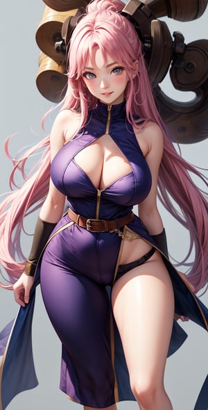 Realistic Naruto Sakura Female Character, Pink Hair, Stylized Uniform, (Masterpiece - 1.2), 1 Girl, (Highly Detailed Face), Smile, Long Brown Hair, (Highly Detailed Eyes), Glowing Eyes, Dark Skin, Huge Breasts, cut-out neckline, large thighs, perfect proportions, sleeveless purple dress slightly open at the hips, tight lead shorts, black belt over the dress, wide hips, legs apart, parted lips, blush, blue sky, shoes, (resolution highest extreme: 4k quality), ((high detailed background)),