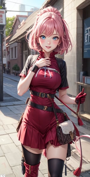 Female Character Sakura Hanuro from Realistic Naruto, Semi-Short Pink Hair, Stylized Uniform, (Masterpiece - 1.2), 1 Girl, (Highly Detailed Face), Smile, Long Brown Hair, (Highly Detailed Eyes), Bright Eyes, Green Eyes, dark skin, huge breasts, large thighs, perfect proportions, crimson red sleeveless blouse or shirt with the logo of the leaf village from the animated series Naruto, black gloves, short pink skirt half open at the sides, black stockings tight knee high, black open toe booties, wide hips, fitness woman, slender, legs apart, parted lips, blush, sky blue, footwear, (highest extreme resolution: 4k quality), ((high detailed background )),