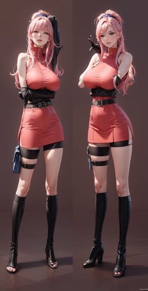 Female Character Sakura Hanuro from Realistic Naruto, Semi-Short Pink Hair, Stylized Uniform, (Masterpiece - 1.2), 1 Girl, (Highly Detailed Face), Smile, Long Brown Hair, (Highly Detailed Eyes), Bright Eyes, Green Eyes, dark skin, huge breasts, large thighs, perfect proportions, crimson red sleeveless blouse or shirt with the logo of the leaf village from the animated series Naruto, black gloves, short pink skirt half open at the sides, black stockings tight knee high, black open toe booties, wide hips, fitness woman, slender, legs apart, parted lips, blush, sky blue, footwear, (highest extreme resolution: 4k quality), ((high detailed background )),