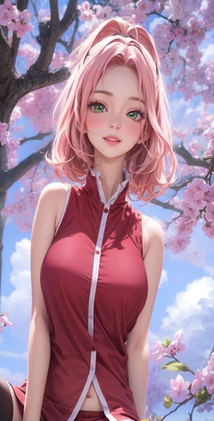 Female Character Sakura Hanuro from Realistic Naruto, Semi-Short Pink Hair, Stylized Uniform, (Masterpiece - 1.2), 1 Girl, (Highly Detailed Face), Smile, Long Brown Hair, (Highly Detailed Eyes), Bright Eyes, Green Eyes, dark skin, huge breasts, large thighs, perfect proportions, crimson red sleeveless blouse or shirt with the logo of the leaf village from the animated series Naruto, black gloves, short pink skirt half open at the sides, black stockings tight knee high, black open toe booties, wide hips, fitness woman, slender, legs apart, parted lips, blush, sky blue, footwear, (highest extreme resolution: 4k quality), ((high detailed background )),