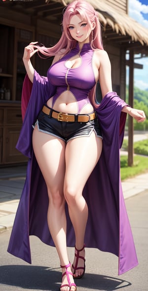 Realistic Naruto Sakura Female Character, Pink Hair, Stylized Uniform, (Masterpiece - 1.2), 1 Girl, (Highly Detailed Face), Smile, Long Brown Hair, (Highly Detailed Eyes), Glowing Eyes, Dark Skin, Huge Breasts, cut-out neckline, large thighs, perfect proportions, sleeveless purple robe open to the hips with the logo of the leaf village from the animated series Naruto, tight lead shorts under the robe, black belt over the dress, wide hips, legs apart, lips parted, blush, blue sky, footwear, (extreme highest resolution - 4k quality), ((high detailed background)),