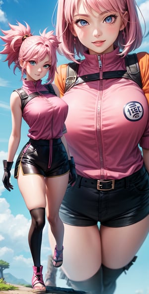 Sakura female character from realistic Naruto, semi-short pink hair, stylized uniform, (masterpiece - 1.2), 1 girl, (highly detailed face), smile, long brown hair, (highly detailed eyes), glowing eyes, dark skin, breasts huge, large thighs, perfect proportions, sleeveless brown blouse or zip-up shirt with the logo of the leaf village from the animated series Naruto, black gloves, short pink skirt over lead shorts between open sides, shorts tight lead under pink skirt, tight black knee high stockings, black sensible shoes, wide hips, legs apart, parted lips, blush, sky blue, footwear, (extreme highest resolution: 4k quality), ((background high detailed)),