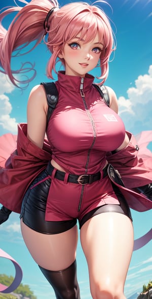 Sakura female character from realistic Naruto, semi-short pink hair, stylized uniform, (masterpiece - 1.2), 1 girl, (highly detailed face), smile, long brown hair, (highly detailed eyes), glowing eyes, dark skin, breasts huge, large thighs, perfect proportions, sleeveless brown blouse or zip-up shirt with the logo of the leaf village from the animated series Naruto, black gloves, short pink skirt over lead shorts between open sides, shorts tight lead under pink skirt, tight black knee high stockings, black sensible shoes, wide hips, legs apart, parted lips, blush, sky blue, footwear, (extreme highest resolution: 4k quality), ((background high detailed)),