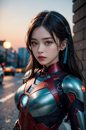 (masterpiece), (extremely intricate:1.3), (realistic), portrait of a girl, the most beautiful in the world, futuristic armor similar to IRON MAN, (Sneaky, stylish and modern armor), hyper tech armor for women, upper body, outdoors, intense sunlight, city ​​of the future, cyber punk year 2090, professional photograph of a stunning woman detailed, sharp focus, dramatic, award winning, cinematic lighting, , volumetrics dtx, (film grain, blurry background, neon light city, blurry foreground, bokeh, depth of field, sunset, motion blur:1.3), chainmail,exposure blend, medium shot, bokeh, (hdr:1.4), high contrast, (cinematic, teal and orange:1.4), (muted colors, dim colors, soothing tones:1.3), low saturation,JP_MODELS, , 
