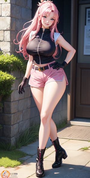 Realistic Naruto Sakura Female Character, Pink Hair, Stylized Uniform, (Masterpiece - 1.2), 1 Girl, (Highly Detailed Face), Smile, Long Brown Hair, (Highly Detailed Eyes), Glowing Eyes, Dark Skin, Huge Breasts, large thighs, perfect proportions, sleeveless brown vest with the logo of the leaf village from the animated series Naruto, black gloves, pink skirt over shorts between open on the sides, tight lead shorts under the pink skirt, black belt over dress, tight black knee high stockings, comfortable black shoes, wide hips, legs apart, parted lips, blush, sky blue, shoes, (extreme highest resolution: 4k quality), ((high detailed background )),