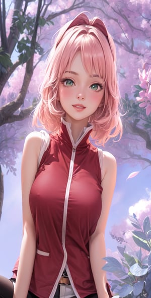 Female Character Sakura Hanuro from Realistic Naruto, Semi-Short Pink Hair, Stylized Uniform, (Masterpiece - 1.2), 1 Girl, (Highly Detailed Face), Smile, Long Brown Hair, (Highly Detailed Eyes), Bright Eyes, Green Eyes, dark skin, huge breasts, large thighs, perfect proportions, crimson red sleeveless blouse or shirt with the logo of the leaf village from the animated series Naruto, black gloves, short pink skirt , black stockings tight knee high, black open toe booties, wide hips, fitness woman, slender, legs apart, parted lips, blush, no cleavage, no visible undergarments, no bare breasts, full pants without openings on the sides fully covered skin, sky blue, footwear, (highest extreme resolution: 4k quality), ((high detailed background )),