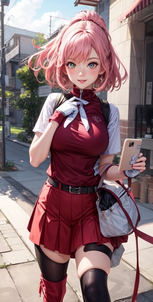 Female Character Sakura Hanuro from Realistic Naruto, Semi-Short Pink Hair, Stylized Uniform, (Masterpiece - 1.2), 1 Girl, (Highly Detailed Face), Smile, Long Brown Hair, (Highly Detailed Eyes), Bright Eyes, Green Eyes, dark skin, huge breasts, large thighs, perfect proportions, crimson red sleeveless blouse or shirt with the logo of the leaf village from the animated series Naruto, black gloves, short pink skirt half open at the sides, black stockings tight knee high, black open toe booties, wide hips, fitness woman, slender, legs apart, parted lips, blush, sky blue, footwear, (highest extreme resolution: 4k quality), ((high detailed background )),