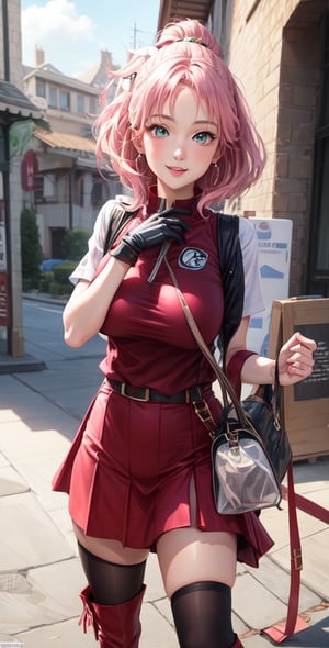 Female Character Sakura Hanuro from Realistic Naruto, Semi-Short Pink Hair, Stylized Uniform, (Masterpiece - 1.2), 1 Girl, (Highly Detailed Face), Smile, Long Brown Hair, (Highly Detailed Eyes), Bright Eyes, Green Eyes, dark skin, huge breasts, large thighs, perfect proportions, crimson red sleeveless blouse or shirt with the logo of the leaf village from the animated series Naruto, black gloves, short pink skirt half open at the sides, black stockings tight knee high, black open toe booties, wide hips, fitness woman, slender, legs apart, parted lips, blush, sky blue, footwear, (highest extreme resolution: 4k quality), ((high detailed background )),