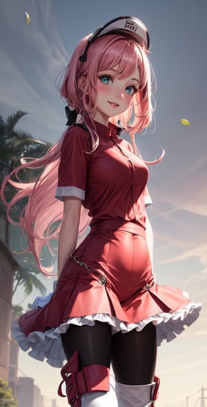 Female Character Sakura Hanuro from Realistic Naruto, Semi-Short Pink Hair, Stylized Uniform, (Masterpiece - 1.2), 1 Girl, (Highly Detailed Face), Smile, Long Brown Hair, (Highly Detailed Eyes), Bright Eyes, Green Eyes, dark skin, huge breasts, large thighs, perfect proportions, crimson red sleeveless blouse or shirt with the logo of the leaf village from the animated series Naruto, black gloves, short pink skirt half open at the sides, black stockings tight knee high, black open toe booties, wide hips, fitness woman, slender, legs apart, parted lips, blush, sky blue, footwear, (highest extreme resolution: 4k quality), ((high detailed background )),