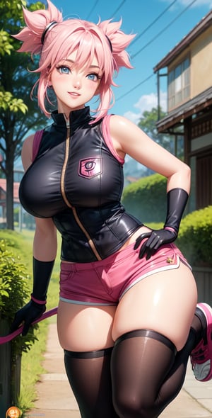 Sakura female character from realistic Naruto, semi-short pink hair, stylized uniform, (masterpiece - 1.2), 1 girl, (highly detailed face), smile, long brown hair, (highly detailed eyes), glowing eyes, dark skin, breasts huge, big thighs, perfect proportions, sleeveless brown vest with the logo of the leaf village from the animated series Naruto, black gloves, short pink skirt over lead shorts between open on the sides, tight lead shorts under pink skirt, tight black knee-highs, black sensible shoes, wide hips, legs apart, parted lips, blush, blue sky, shoes, (extreme highest resolution: 4k quality), ((high detailed background)) ,