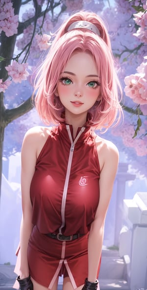 Female Character Sakura Hanuro from Realistic Naruto, Semi-Short Pink Hair, Stylized Uniform, (Masterpiece - 1.2), 1 Girl, (Highly Detailed Face), Smile, Long Brown Hair, (Highly Detailed Eyes), Bright Eyes, Green Eyes, dark skin, huge breasts, large thighs, perfect proportions, crimson red sleeveless blouse or shirt with the logo of the leaf village from the animated series Naruto, black gloves, short pink skirt , black stockings tight knee high, black open toe booties, wide hips, fitness woman, slender, legs apart, parted lips, blush, no cleavage, no visible undergarments, no bare breasts, sky blue, footwear, (highest extreme resolution: 4k quality), ((high detailed background )),