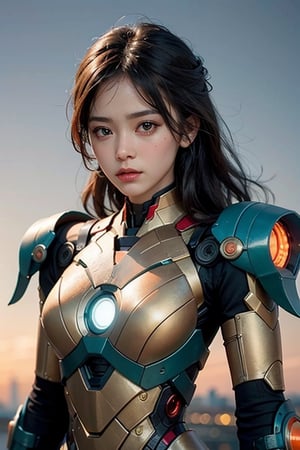 (masterpiece), (extremely intricate:1.3), (realistic), portrait of a girl, the most beautiful in the world, futuristic armor similar to IRON MAN, (Sneaky, stylish and modern armor), hyper tech armor for women, upper body, outdoors, intense sunlight, city ​​of the future, cyber punk year 2090, professional photograph of a stunning woman detailed, sharp focus, dramatic, award winning, cinematic lighting, , volumetrics dtx, (film grain, blurry background, neon light city, blurry foreground, bokeh, depth of field, sunset, motion blur:1.3), chainmail,exposure blend, medium shot, bokeh, (hdr:1.4), high contrast, (cinematic, teal and orange:1.4), (muted colors, dim colors, soothing tones:1.3), low saturation,JP_MODELS, , 
