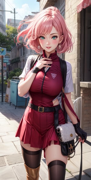 Female Character Sakura Hanuro from Realistic Naruto, Semi-Short Pink Hair, Stylized Uniform, (Masterpiece - 1.2), 1 Girl, (Highly Detailed Face), Smile, Long Brown Hair, (Highly Detailed Eyes), Bright Eyes, Green Eyes, dark skin, huge breasts, large thighs, perfect proportions, crimson red sleeveless blouse or shirt with the logo of the leaf village from the animated series Naruto, black gloves, short pink skirt half open at the sides, black stockings tight knee high, black open toe booties, wide hips, fitness woman, slender, legs apart, parted lips, blush, sky blue, footwear, (highest extreme resolution: 4k quality), ((high detailed background )),