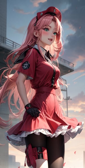 Female Character Sakura Hanuro from Realistic Naruto, Semi-Short Pink Hair, Stylized Uniform, (Masterpiece - 1.2), 1 Girl, (Highly Detailed Face), Smile, Long Brown Hair, (Highly Detailed Eyes), Bright Eyes, Green Eyes, dark skin, huge breasts, large thighs, perfect proportions, crimson red sleeveless blouse or shirt with the logo of the leaf village from the animated series Naruto, black gloves, short pink skirt half open at the sides, black stockings tight knee high, black open toe booties, wide hips, fitness woman, slender, legs apart, parted lips, blush, sky blue, footwear, (highest extreme resolution: 4k quality), ((high detailed background )),