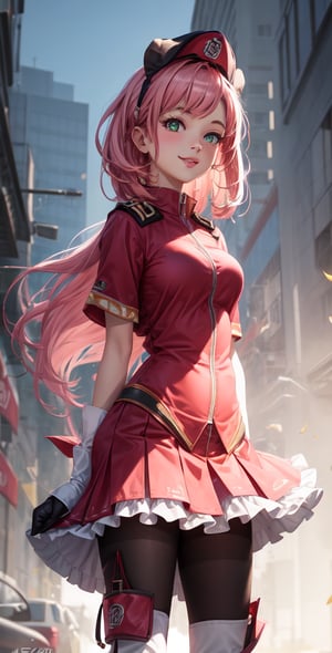 Female Character Sakura Hanuro from Realistic Naruto, Semi-Short Pink Hair, Stylized Uniform, (Masterpiece - 1.2), 1 Girl, (Highly Detailed Face), Smile, Long Brown Hair, (Highly Detailed Eyes), Bright Eyes, Green Eyes, dark skin, huge breasts, large thighs, perfect proportions, crimson red sleeveless blouse or shirt with the logo of the leaf village from the animated series Naruto, black gloves, short pink skirt half open at the sides, black stockings tight knee high, black open toe booties, wide hips, fitness woman, slender, legs apart, parted lips, blush, sky blue, footwear, (highest extreme resolution: 4k quality), ((high detailed background )),