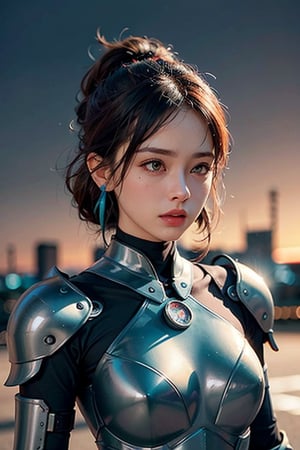 (masterpiece), (extremely intricate:1.3), (realistic), portrait of a girl, the most beautiful in the world, (futuristic armor), (Sneaky, stylish and modern armor), metal reflections, hyper tech armor for women, upper body, outdoors, intense sunlight, city ​​of the future, cyber punk year 2090, professional photograph of a stunning woman detailed, sharp focus, dramatic, award winning, cinematic lighting, , volumetrics dtx, (film grain, blurry background, neon light city, blurry foreground, bokeh, depth of field, sunset, motion blur:1.3), chainmail,exposure blend, medium shot, bokeh, (hdr:1.4), high contrast, (cinematic, teal and orange:1.4), (muted colors, dim colors, soothing tones:1.3), low saturation,JP_MODELS, , 
