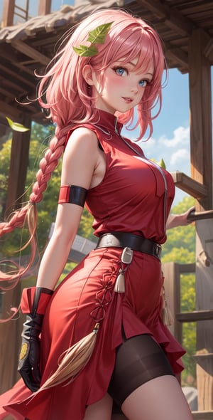 Female Character Sakura Hanuro from Realistic Naruto, Semi-Short Pink Hair, Stylized Uniform, (Masterpiece - 1.2), 1 Girl, (Highly Detailed Face), Smile, Long Brown Hair, (Highly Detailed Eyes), Bright Eyes, Green Eyes, dark skin, huge breasts, large thighs, perfect proportions, crimson red sleeveless blouse or shirt with the logo of the leaf village from the animated series Naruto, black gloves, short pink skirt half open at the sides, black stockings tight knee high, black open toe booties, wide hips, fitness woman, slender, legs apart, parted lips, blush, sky blue, footwear, (highest extreme resolution: 4k quality), ((high detailed background )),