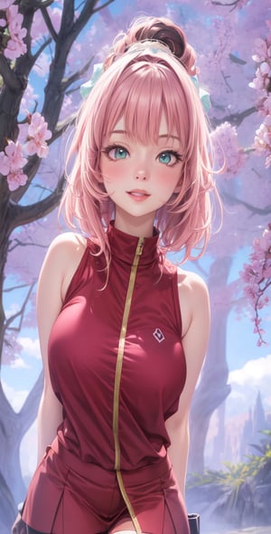 Female Character Sakura Hanuro from Realistic Naruto, Semi-Short Pink Hair, Stylized Uniform, (Masterpiece - 1.2), 1 Girl, (Highly Detailed Face), Smile, Long Brown Hair, (Highly Detailed Eyes), Bright Eyes, Green Eyes, dark skin, huge breasts, large thighs, perfect proportions, crimson red sleeveless blouse or shirt with the logo of the leaf village from the animated series Naruto, black gloves, short pink skirt half open at the sides, black stockings tight knee high, black open toe booties, wide hips, fitness woman, slender, legs apart, parted lips, blush, sky blue, footwear, (highest extreme resolution: 4k quality), ((high detailed background )),