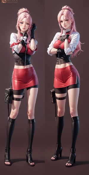 Female Character Sakura Hanuro from Realistic Naruto, Semi-Short Pink Hair, Stylized Uniform, (Masterpiece - 1.2), 1 Girl, (Highly Detailed Face), Smile, Long Brown Hair, (Highly Detailed Eyes), Bright Eyes, Green Eyes, dark skin, huge breasts, large thighs, perfect proportions, crimson red sleeveless blouse or shirt with the logo of the leaf village from the animated series Naruto, black gloves, short pink skirt half open at the sides, black stockings tight knee high, black open toe booties, wide hips, fitness woman, slender, legs apart, parted lips, blush, sky blue, footwear, (highest extreme resolution: 4k quality), ((high detailed background )),