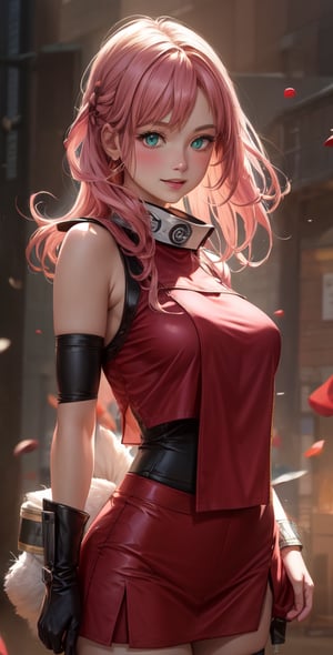 Female Character Sakura Hanuro from Realistic Naruto, Semi-Short Pink Hair, Stylized Uniform, (Masterpiece - 1.2), 1 Girl, (Highly Detailed Face), Smile, Long Brown Hair, (Highly Detailed Eyes), Bright Eyes, Green Eyes, dark skin, huge breasts, large thighs, perfect proportions, crimson red sleeveless blouse or shirt with the logo of the leaf village from the animated series Naruto, black gloves, short pink skirt half open at the sides, black stockings tight knee high, black open toe booties, wide hips, fitness woman, slender, legs apart, parted lips, blush, sky blue, footwear, (highest extreme resolution: 4k quality), ((high detailed background )),