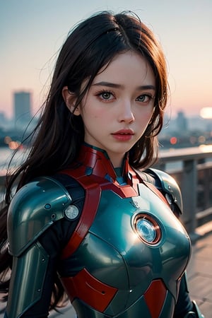 (masterpiece), (extremely intricate:1.3), (realistic), portrait of a colombian young  woman , the most beautiful in the world, futuristic armor similar to IRON MAN and PACIFIC RIM, (Sneaky, stylish and modern armor), hyper tech armor for women, upper body, outdoors, intense sunlight, city ​​of the future, cyber punk year 2090, professional photograph of a stunning woman detailed, sharp focus, dramatic, award winning, cinematic lighting, , volumetrics dtx, (film grain, blurry background, neon light city, blurry foreground, bokeh, depth of field, sunset, motion blur:1.3), chainmail,exposure blend, medium shot, bokeh, (hdr:1.4), high contrast, (cinematic, teal and orange:1.4), (muted colors, dim colors, soothing tones:1.3), low saturation,JP_MODELS, , 
