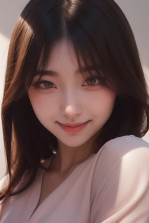 A close-up of a cute korean girl pouting and then smiling.  Long black hair, wearing an elegant pink blouse. front perspective. hyper realism. high detail. beautiful