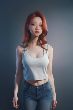 a cute redhead asian girl, long wavy hair, wearing blue jeans and a tank top. walking to the front. frontal perspective.  grey background.