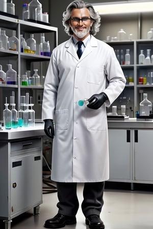 Highly detailed, High Quality, Masterpiece, beautiful. A mad scientist, wearing a long, white, lab gown and black gloves, black shoes, and black pants. long, messy gray hair, beardless, goggles on eyes, elegant look, crazy smile, standing in a chemistry lab. high detail, hyper realism. full body. medium distance,