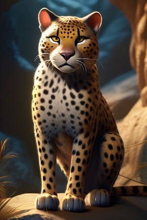 A feline girl with long, spotted leopard fur on her skin. Feline ears. Worried face. In front of a cave. Golden hour. Hyper realism. Hiigh detail.  cinematic lighting. full body. front perspective. medium distance. (full_body),m4d4m,perfecteyes,biopunk style,ActionFigureQuiron style