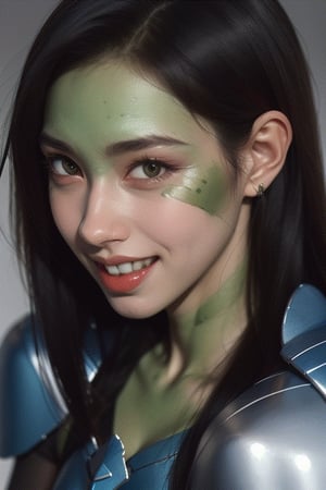 A close-up of a cute lizzard girl with green skin and big scales, pouting and then smiling.  Long black hair, wearing a blue armor. front perspective. hyper realism. high detail. beautiful