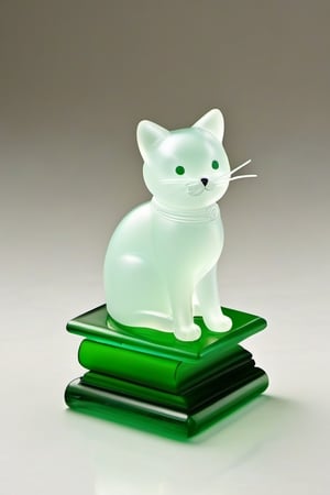 A cute translucent glass figure of a cat reading a book, beautiful, with a green base. high detail, very realistic. white background.