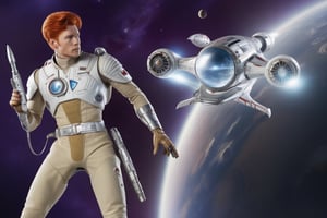 A man, red hair, medium sideburns, wearing a futuristic space suit, holding a weapon, with a planet and a spaceship in the background. He wears a belt with an F printed. Captain Future. High definition. High detail. Hyper realistic. 