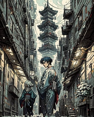 japanese big city, winter, in the style of studio ghibli, j. c. leyendecker, greg rutkowski, artem