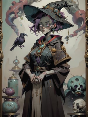 fantasy painting of a raven by rick and morty | horror themed | creepy a round witch stares at a strange artefact in her hands. she wear a long dark robe. painted by enki bilal, tony sandoval and regis loisel. oil painting.