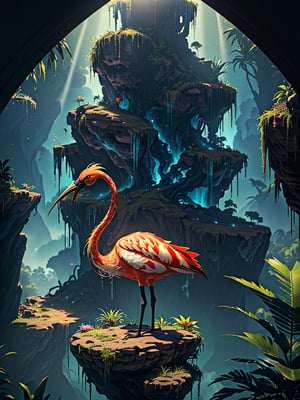 unreal engine 5 8 k uhd render of an flamingocore tropicalwave junglepunk abstrafractalmancer, photorealistic, animal photography, lush tropical surroundings, volumetric lighting, sunlight, 1 0 5 mm lens incredible, mindblowing beautiful celestial view from interstellar hotel, matte painting, artstation, cgsociety, dramatic lighting, concept art, octane render, arnold 3 d render