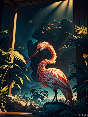 unreal engine 5 8 k uhd render of an flamingocore tropicalwave junglepunk abstrafractalmancer, photorealistic, animal photography, lush tropical surroundings, volumetric lighting, sunlight, 1 0 5 mm lens incredible, mindblowing beautiful celestial view from interstellar hotel, matte painting, artstation, cgsociety, dramatic lighting, concept art, octane render, arnold 3 d render