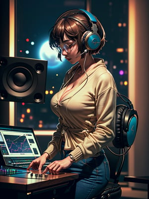 man with headphones at his home studio producing music late at night, very detailed, 4 k, cory loftis, james gilleard, atey ghailan, makoto shinkai, goro fujita, studio ghibli, rim light, exquisite lighting, clear focus, very coherent scientists create the old god, Polaroid sexy boobs