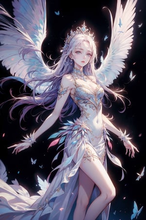 Masterpiece,young stunning girl,high quality, white full dress, wings, long floated hair