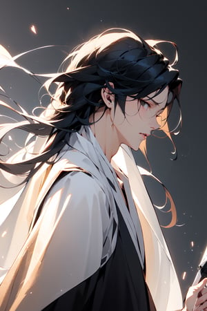 (masterpiece:1.2),best quality,Chinese style,solo,1boy,male focus,long hair,looking at viewer,parted lips,holding,from side,profile,black hair,white background,black hair,simple background,grey eyes,hair between eyes,long sleeves, handsome 