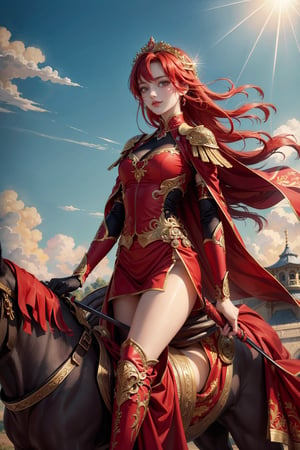 (masterpiece), young stunning girl, High quality,Beautiful girl, one sword, red hair, red clothes, riding horse, sun in the background, smile