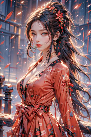 Masterpiece,young stunning girl,high quality,red eyes,red full dress, long floated hair